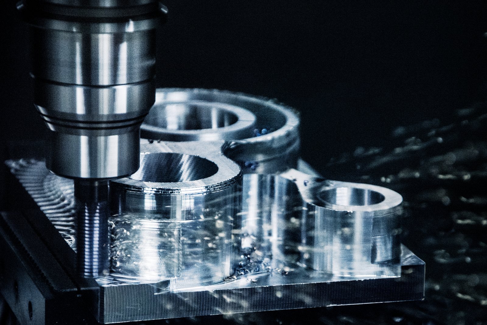 Close-up of a cutting tool and workpiece during precision machining