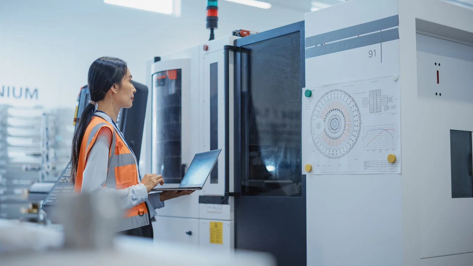 Engineer reviewing production data at a CNC machining centre